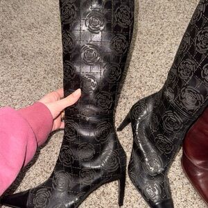CHANEL Cap Toe Black Floral Embossed Knee High Boots